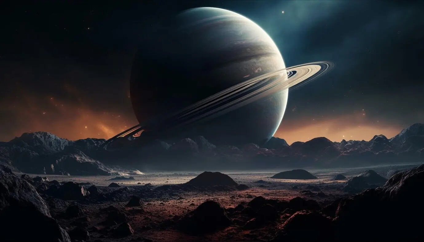 An AI-generated image of a spaceship orbiting a planet in space.